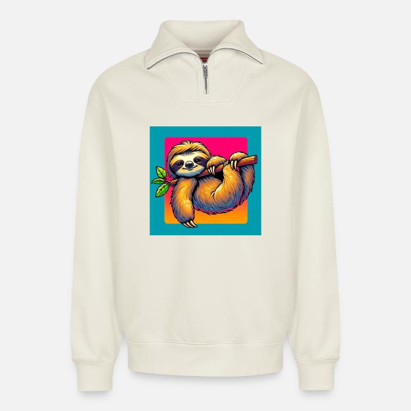 sloth - Relaxed Unisex Organic Half Zip Sweatshirt – by SPREAD - off white
