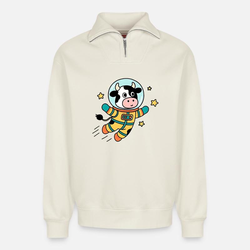 Kuh-Astronaut im All - Relaxed Unisex Organic Half Zip Sweatshirt – von SPREAD - Naturweiß