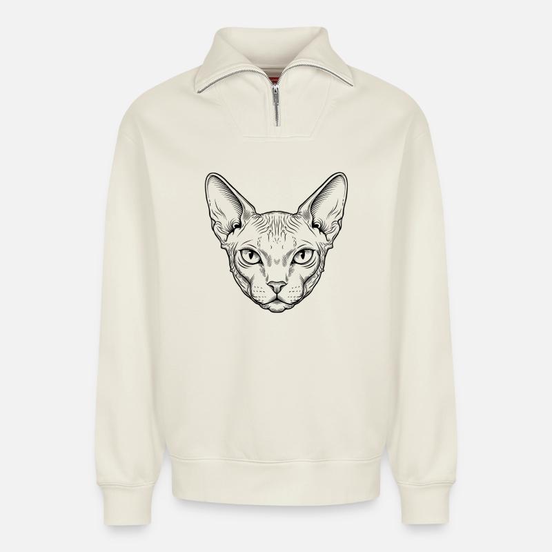 Chat Sphynx - Sweat unisexe décontracté en coton biologique à demi-zip – de SPREAD - blanc cassé