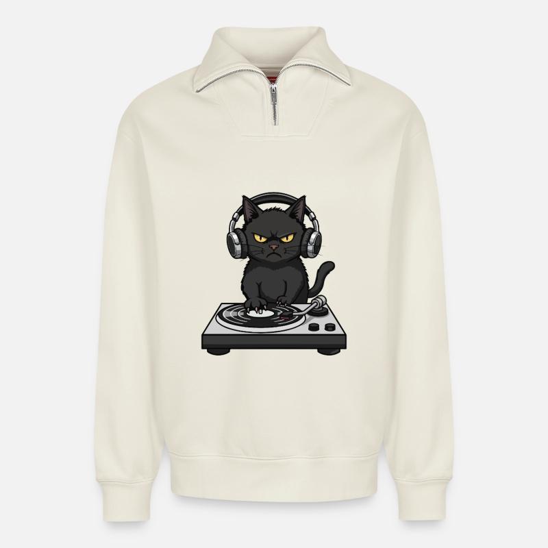Turntable Cat Chat DJ Vinyle - Sweat unisexe décontracté en coton biologique à demi-zip – de SPREAD - blanc cassé