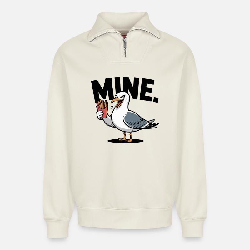 Grumpy Seagull mit Pommes - Relaxed Unisex Organic Half Zip Sweatshirt – von SPREAD - Naturweiß