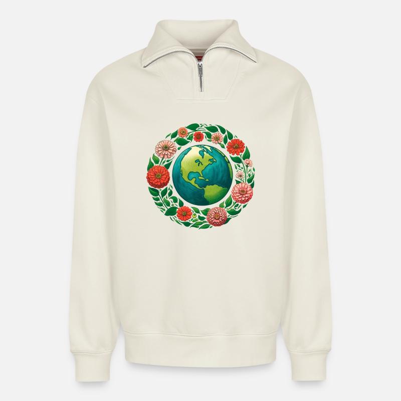 Erde in Blühendem Ring - Relaxed Unisex Organic Half Zip Sweatshirt – von SPREAD - Naturweiß