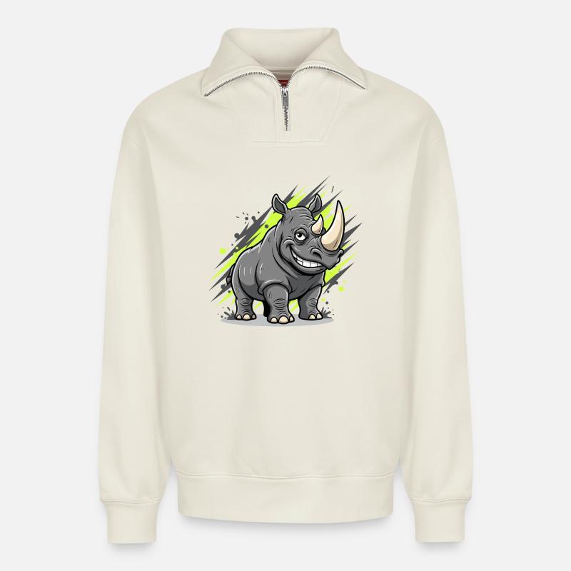 Grinsender Rhino Graffiti Stil - Relaxed Unisex Organic Half Zip Sweatshirt – von SPREAD - Naturweiß