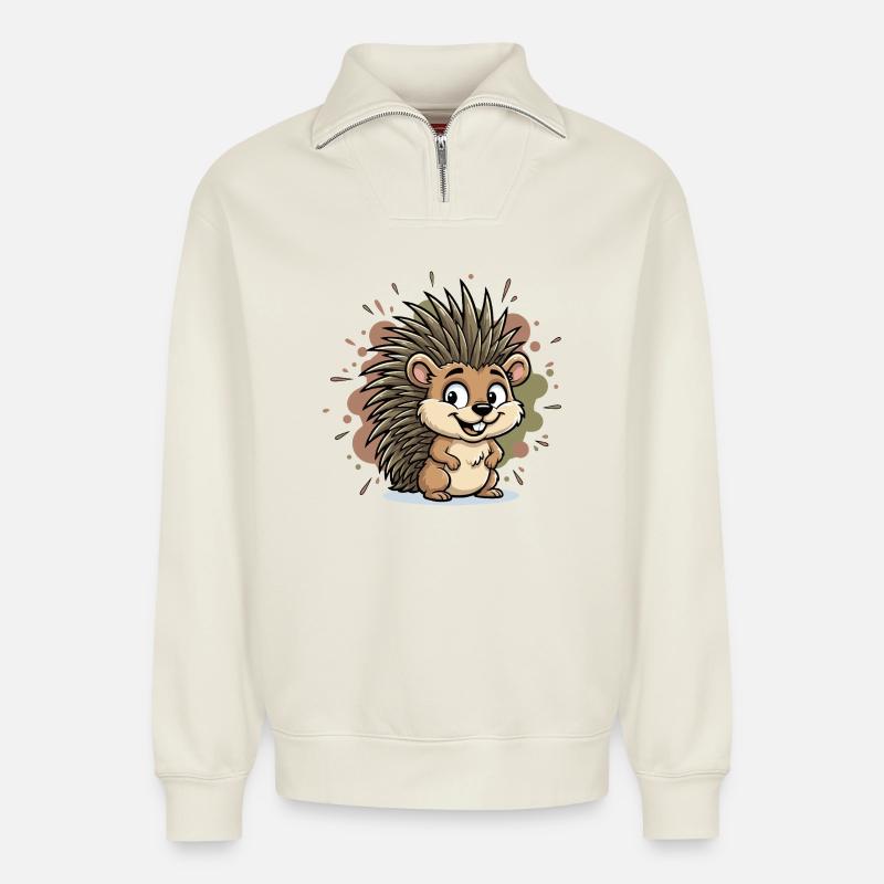 Cuddly Hedgehog Cartoon - Relaxed Unisex Organic Half Zip Sweatshirt – by SPREAD - off white