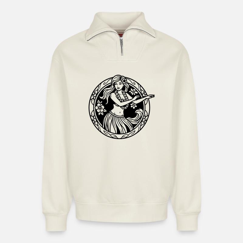 fille hula - Sweat unisexe décontracté en coton biologique à demi-zip – de SPREAD - blanc cassé