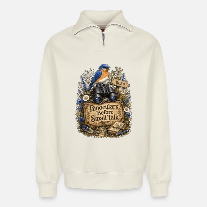 Binoculars Before Small Talk Clouds - Relaxed Unisex Organic Half Zip Sweatshirt – by SPREAD - off white