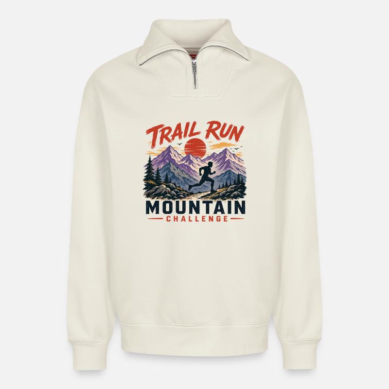 Trail Run - Mountain Challenge - Relaxed Unisex Organic Half Zip Sweatshirt – by SPREAD - off white
