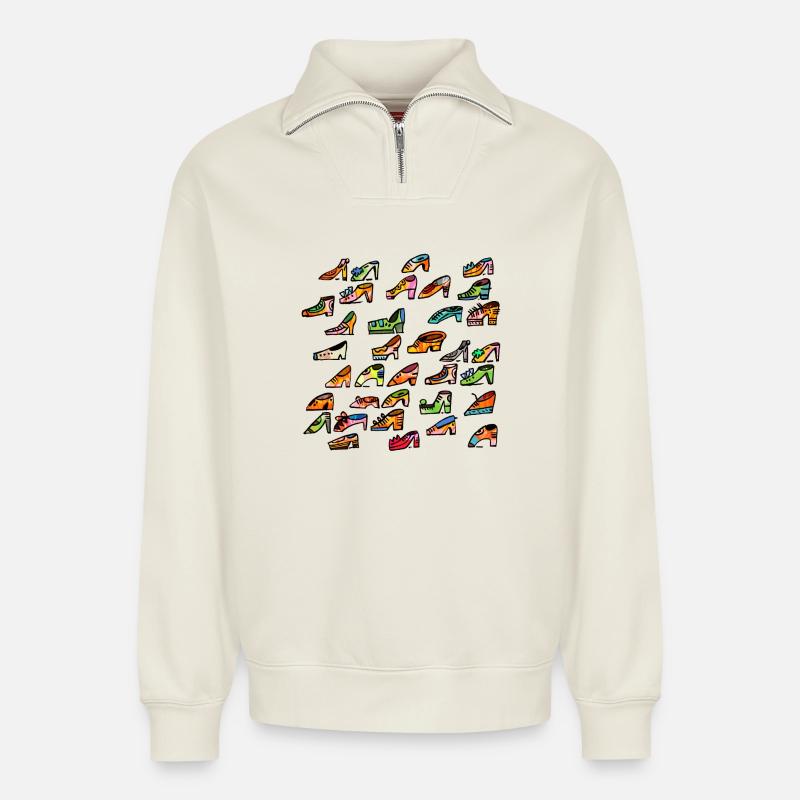 Bunte Schuhvielfalt Muster - Relaxed Unisex Organic Half Zip Sweatshirt – von SPREAD - Naturweiß