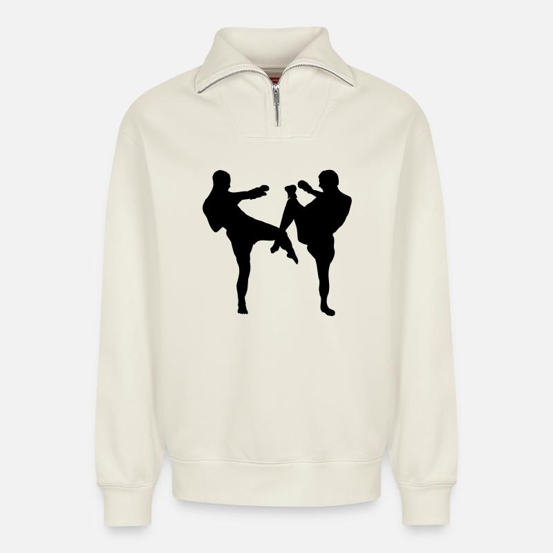 Boxe kickboxing - Sweat unisexe décontracté en coton biologique à demi-zip – de SPREAD - blanc cassé