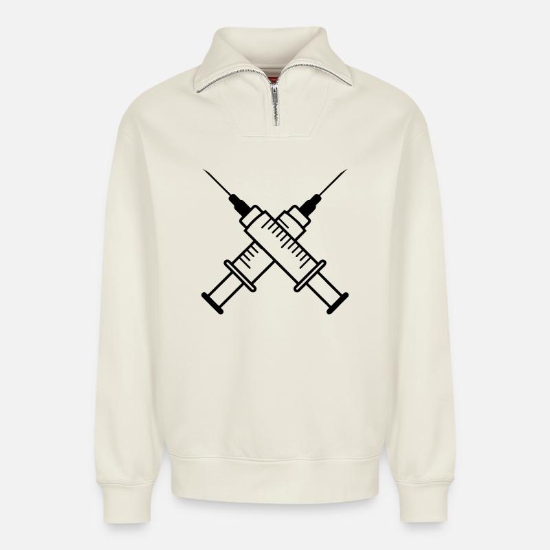 Deux seringues - Sweat unisexe décontracté en coton biologique à demi-zip – de SPREAD - blanc cassé