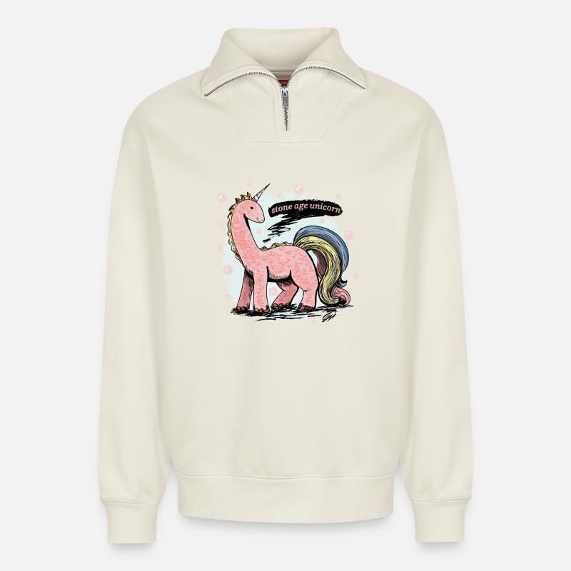 Steinzeit Einhorn - Relaxed Unisex Organic Half Zip Sweatshirt – von SPREAD - Naturweiß