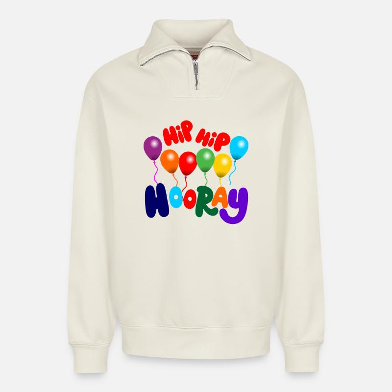 Party Hip, hip hooray - Relaxed Unisex Organic Half Zip Sweatshirt – by SPREAD - off white