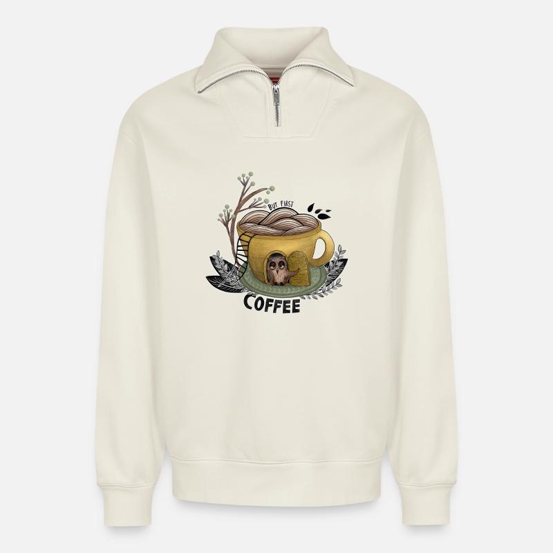 But First Coffee Owl - Relaxed Unisex Organic Half Zip Sweatshirt – von SPREAD - Naturweiß