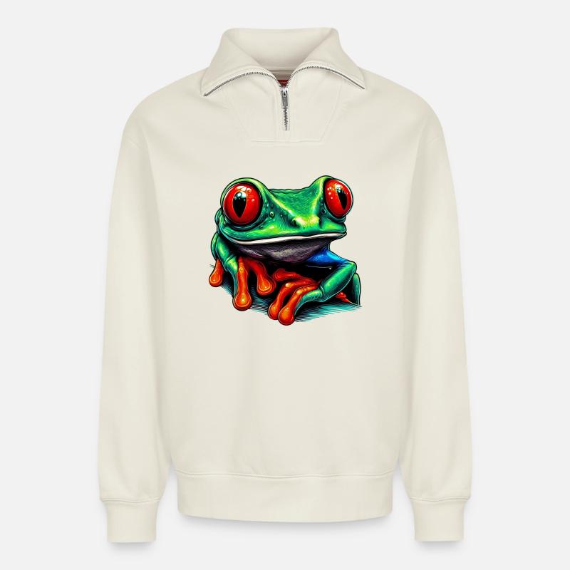 Rainette aux yeux rouges - Sweat unisexe décontracté en coton biologique à demi-zip – de SPREAD - blanc cassé