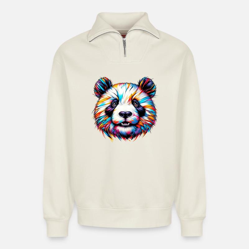 Panda - Relaxed Unisex Organic Half Zip Sweatshirt – von SPREAD - Naturweiß