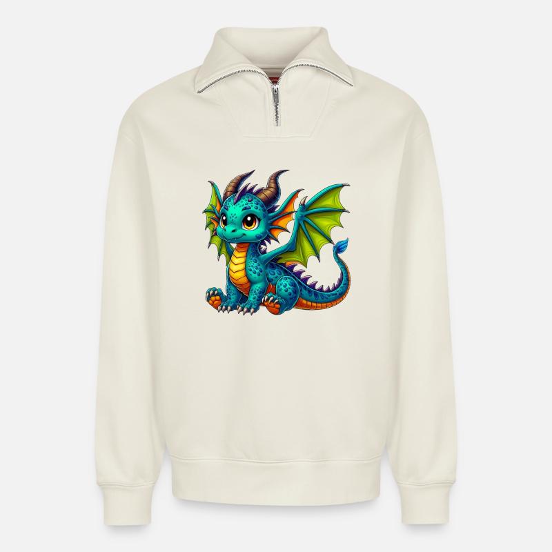 Drache - Relaxed Unisex Organic Half Zip Sweatshirt – von SPREAD - Naturweiß