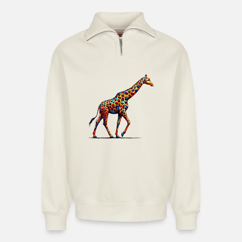 Girafe - Sweat unisexe décontracté en coton biologique à demi-zip – de SPREAD - blanc cassé