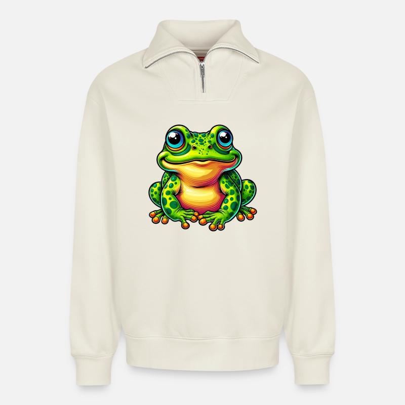 Frosch - Relaxed Unisex Organic Half Zip Sweatshirt – von SPREAD - Naturweiß