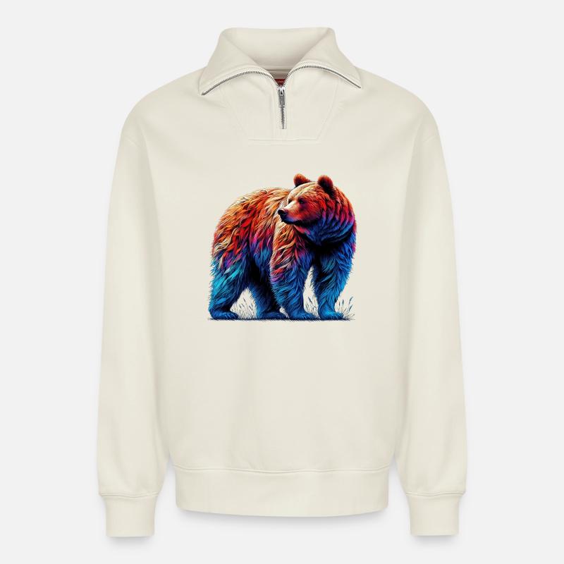 Ours - Sweat unisexe décontracté en coton biologique à demi-zip – de SPREAD - blanc cassé