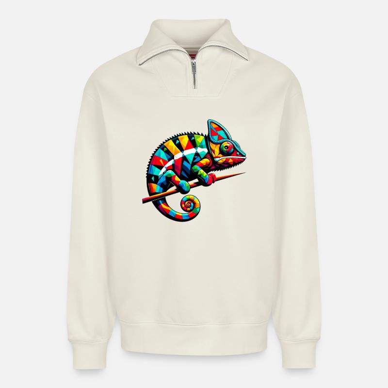 Caméléon arlequin - Sweat unisexe décontracté en coton biologique à demi-zip – de SPREAD - blanc cassé