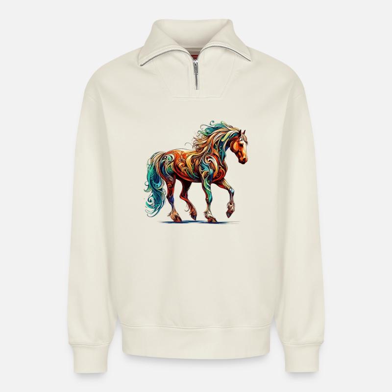 Cheval - Sweat unisexe décontracté en coton biologique à demi-zip – de SPREAD - blanc cassé