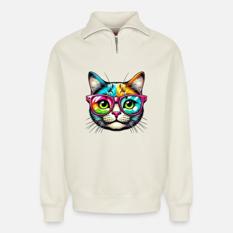 Kater mit Sonnenbrille - Relaxed Unisex Organic Half Zip Sweatshirt – von SPREAD - Naturweiß