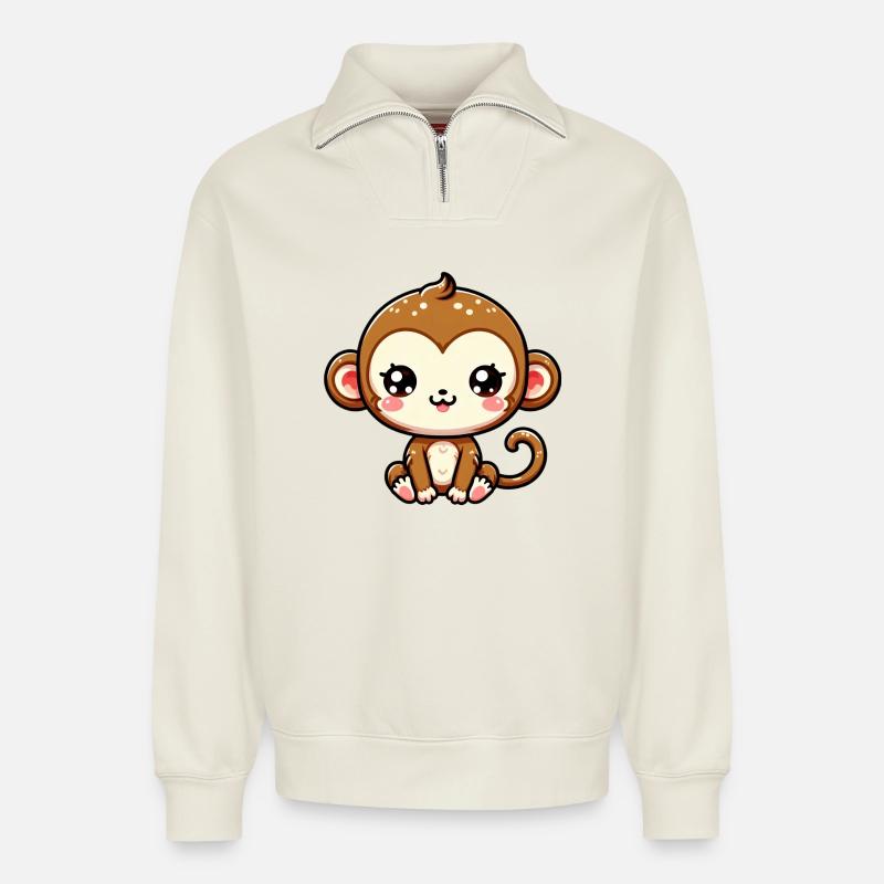 Singe - Sweat unisexe décontracté en coton biologique à demi-zip – de SPREAD - blanc cassé