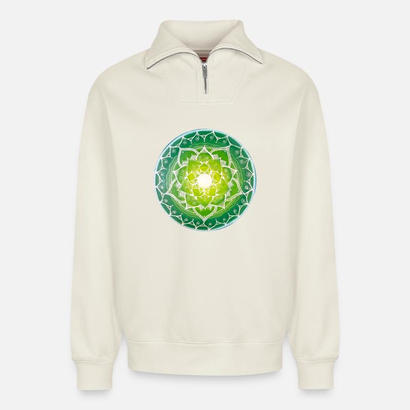Green mandala with spiritual pattern - Relaxed Unisex Organic Half Zip Sweatshirt – by SPREAD - off white