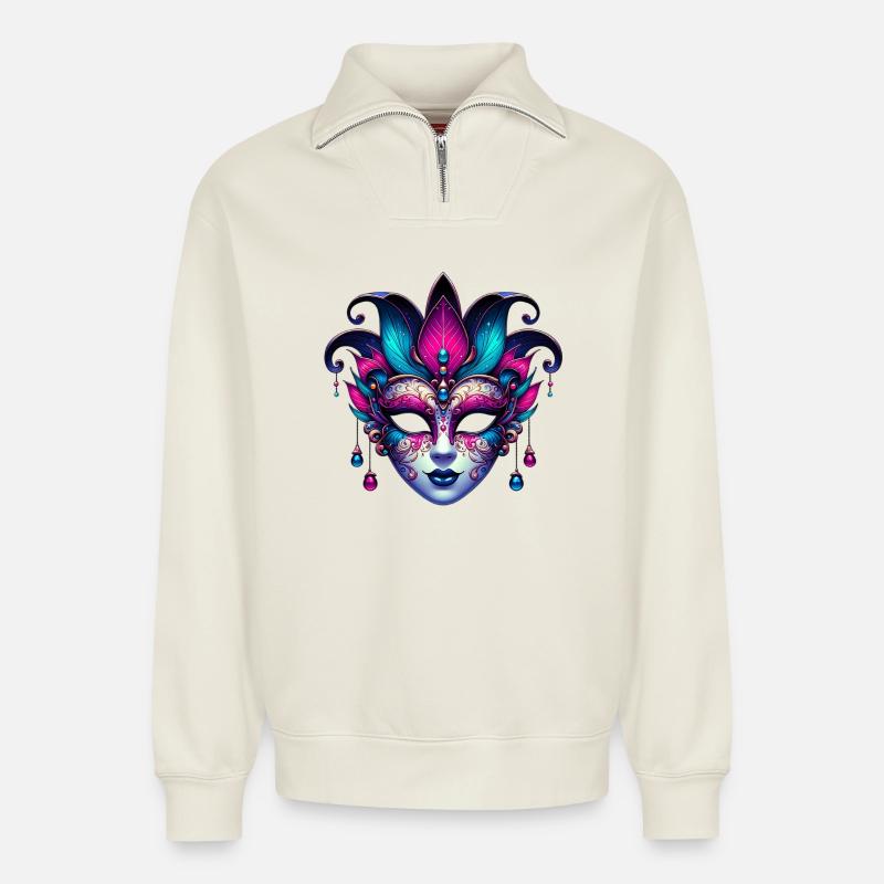 Karnevalsmaske in Venedig - Relaxed Unisex Organic Half Zip Sweatshirt – von SPREAD - Naturweiß