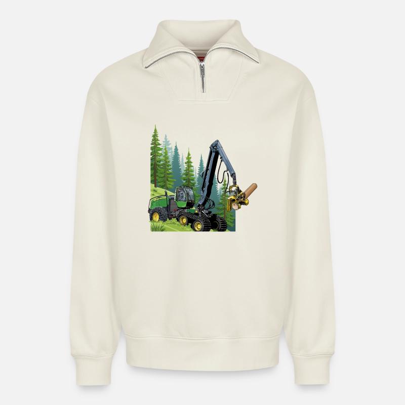 Récolteuse, moissonneuse en forêt - Sweat unisexe décontracté en coton biologique à demi-zip – de SPREAD - blanc cassé