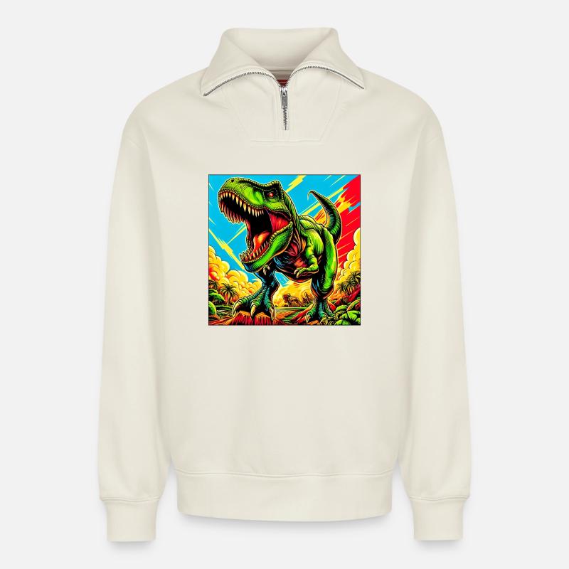 dinosaur - Relaxed Unisex Organic Half Zip Sweatshirt – by SPREAD - off white