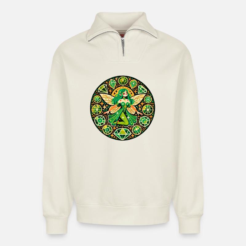 Smaragd-Fee-Mandala - Relaxed Unisex Organic Half Zip Sweatshirt – von SPREAD - Naturweiß