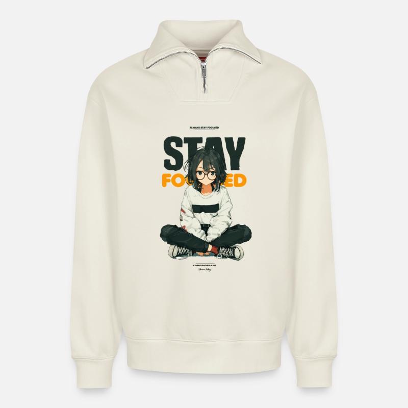 Restez concentré - Style anime - Sweat unisexe décontracté en coton biologique à demi-zip – de SPREAD - blanc cassé