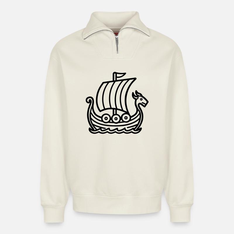Wikingerschiff - Relaxed Unisex Organic Half Zip Sweatshirt – von SPREAD - Naturweiß