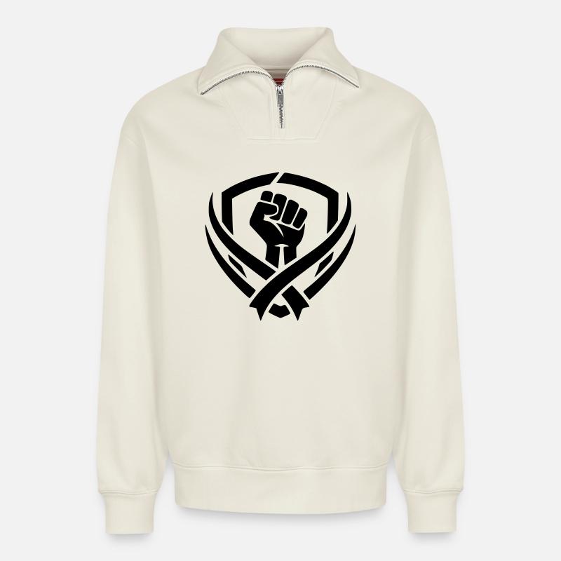 Combat logo - Relaxed Unisex Organic Half Zip Sweatshirt – by SPREAD - off white