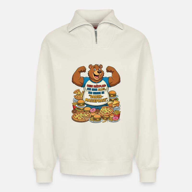 Dauer-Massephase: Bär mit Pizza - Relaxed Unisex Organic Half Zip Sweatshirt – von SPREAD - Naturweiß