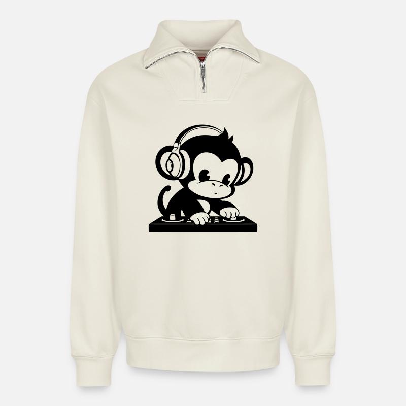 DJ Affe mit Kopfhörern - Relaxed Unisex Organic Half Zip Sweatshirt – von SPREAD - Naturweiß
