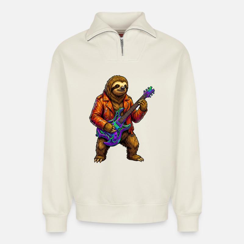 Faultier in Lederjacke mit Neon E-Gitarre - Relaxed Unisex Organic Half Zip Sweatshirt – von SPREAD - Naturweiß