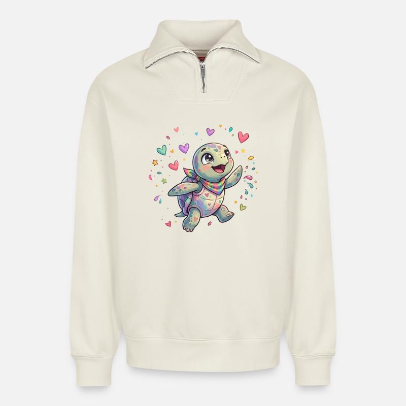 Regenbogen Turtle mit Herzmustern - Relaxed Unisex Organic Half Zip Sweatshirt – von SPREAD - Naturweiß