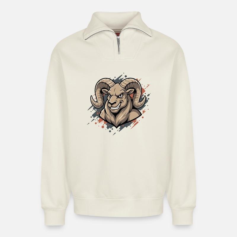 Aggressiver Ram-Maskot - Relaxed Unisex Organic Half Zip Sweatshirt – von SPREAD - Naturweiß