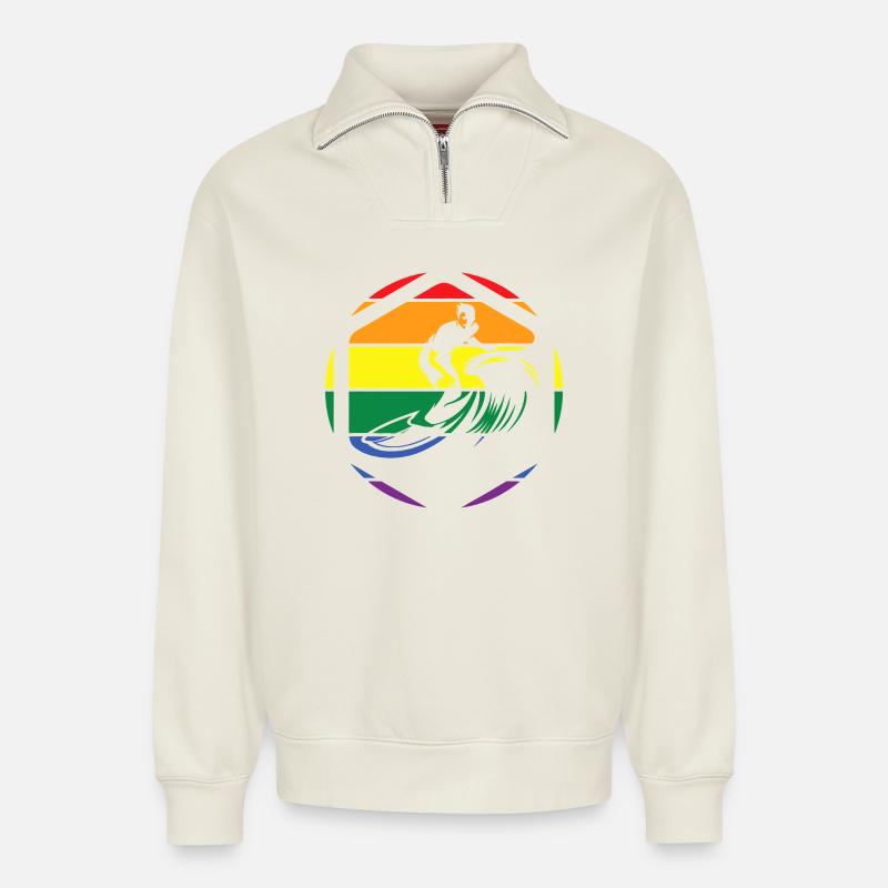 Rainbow Wave Surfer Circle - Relaxed Unisex Organic Half Zip Sweatshirt – von SPREAD - Naturweiß