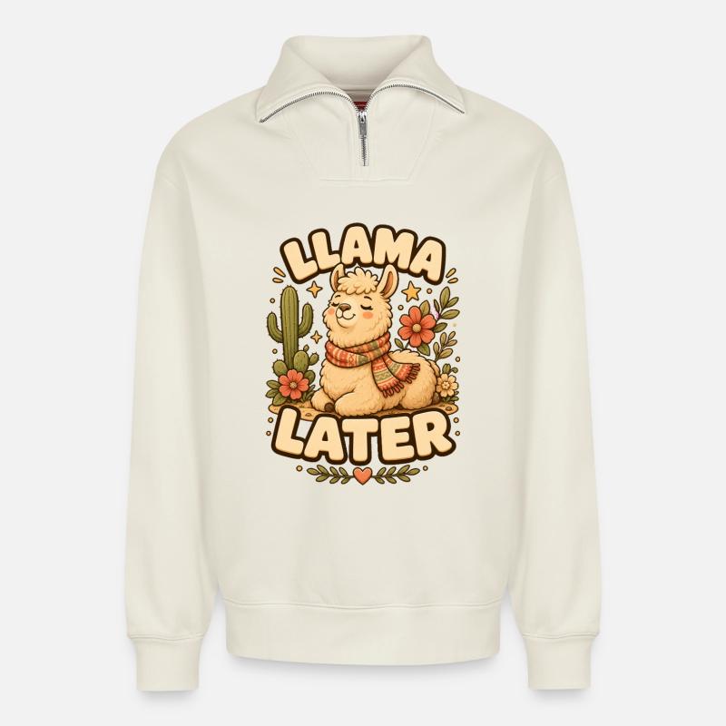 Llama Later Lama - Relaxed Unisex Organic Half Zip Sweatshirt – by SPREAD - off white
