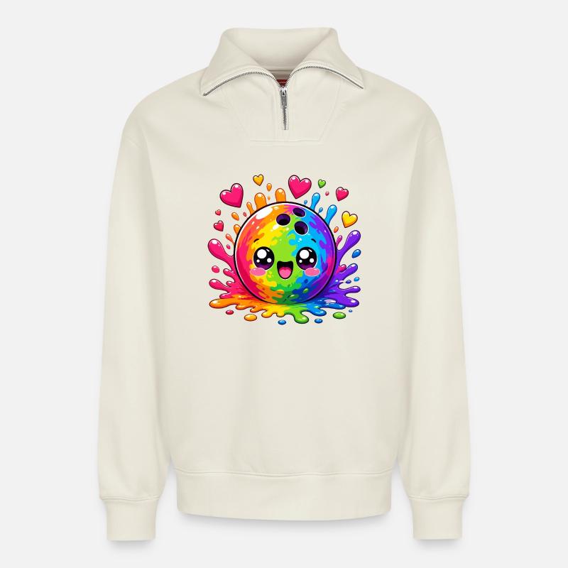 Kunterbunte Farbsplash Bowlingkugel - Relaxed Unisex Organic Half Zip Sweatshirt – von SPREAD - Naturweiß