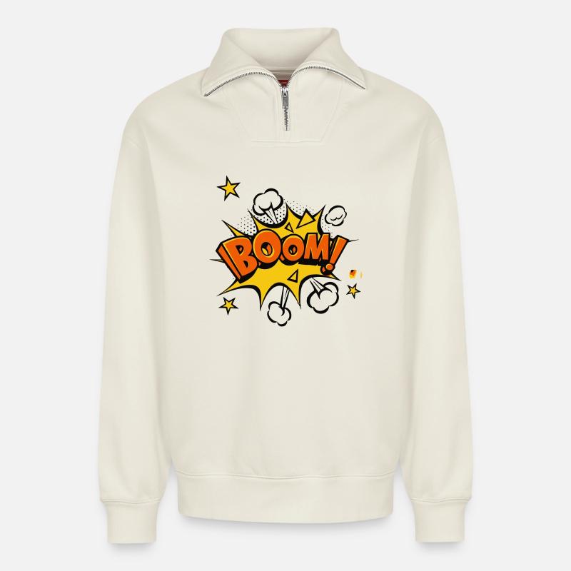Boom Comic Explosion - Sweat unisexe décontracté en coton biologique à demi-zip – de SPREAD - blanc cassé