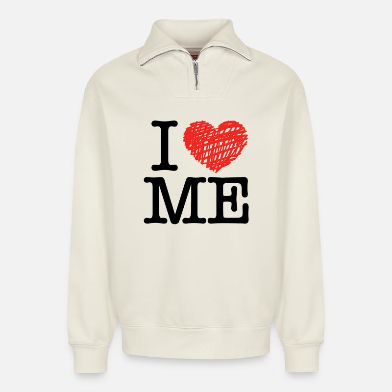 I love me - Relaxed Unisex Organic Half Zip Sweatshirt – von SPREAD - Naturweiß