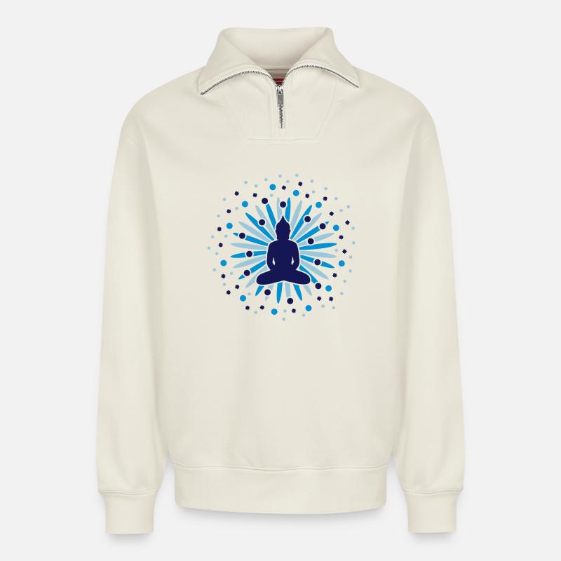 Buddha Blüten Mandala - Relaxed Unisex Organic Half Zip Sweatshirt – von SPREAD - Naturweiß