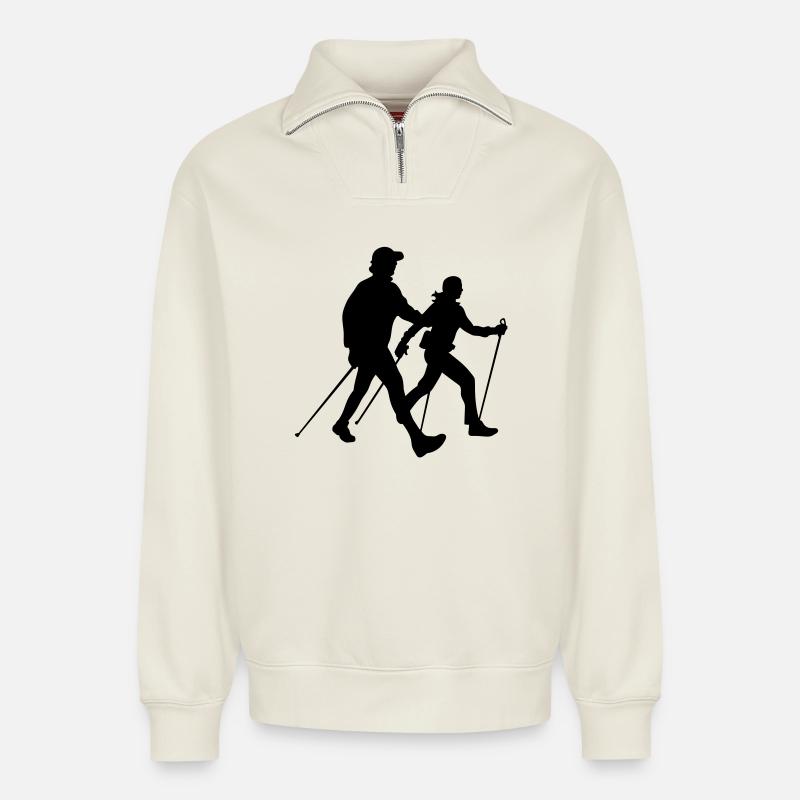 nordic_walking_2 - Sweat unisexe décontracté en coton biologique à demi-zip – de SPREAD - blanc cassé