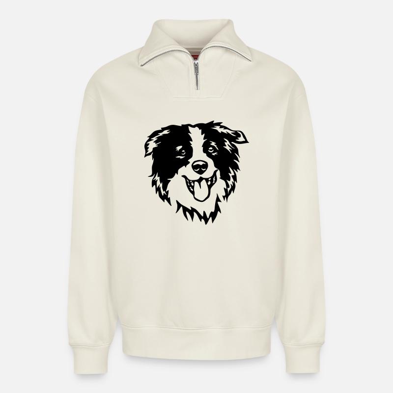 Border Collie Kopf - Relaxed Unisex Organic Half Zip Sweatshirt – von SPREAD - Naturweiß