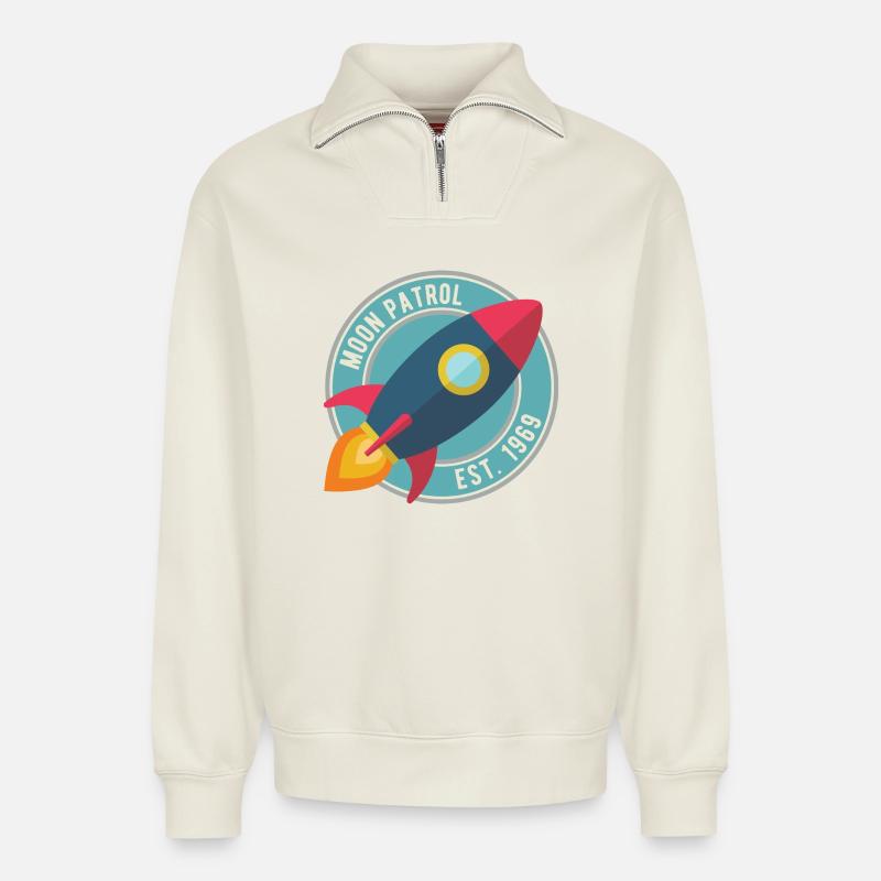 Rakete Moon Patrol Rocket - Relaxed Unisex Organic Half Zip Sweatshirt – von SPREAD - Naturweiß