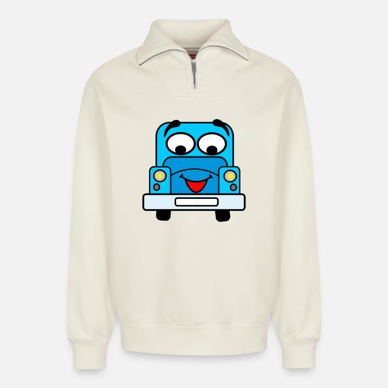 Cheerful car with face blue - Relaxed Unisex Organic Half Zip Sweatshirt – by SPREAD - off white